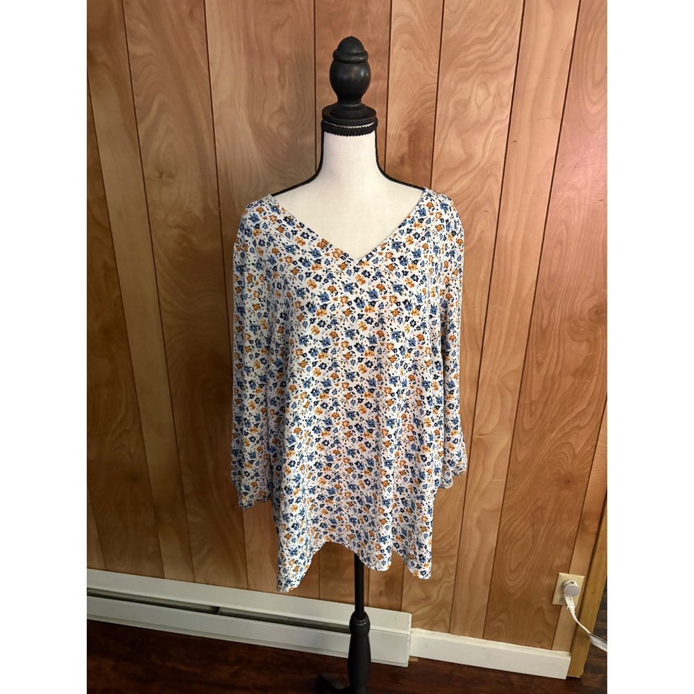 Mario Serrani Italy Women XL Floral V-Neck Blouse Long Sleeve Blue‎ Orange White
